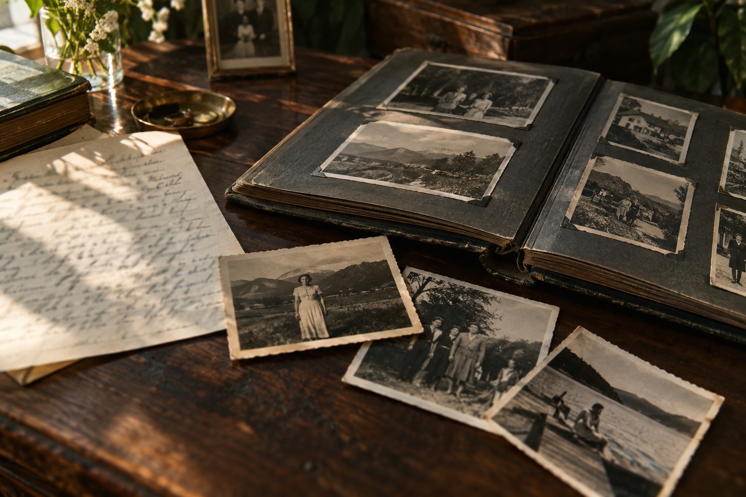 Alte Familienfotos, ein handgeschriebener Brief und ein geöffnetes Fotoalbum im warmen Licht
